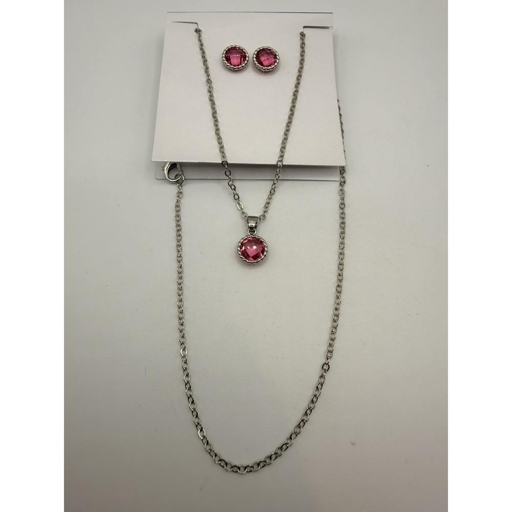 EFFY Jewelry Set Silver Tone Pink Rhinestone Necklace Earrings 18"